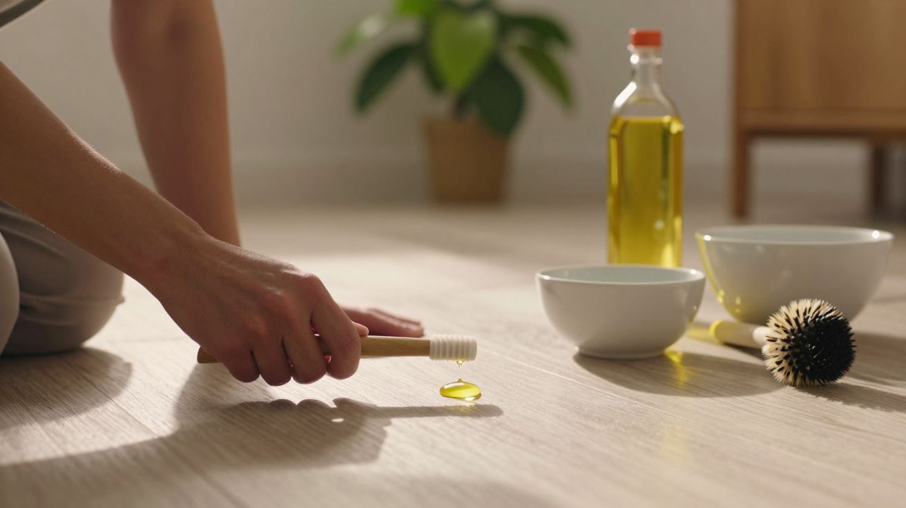Pessoa a limpar o chão com escova, óleo e taças por perto, planta no fundo.