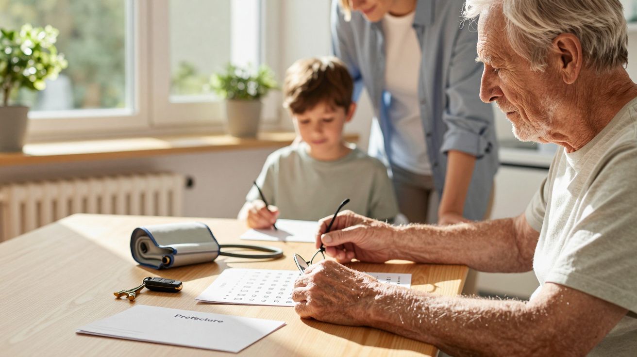 Idoso sentado à mesa preenchendo formulário, com criança e adulto ao fundo; manguito de pressão ao lado.
