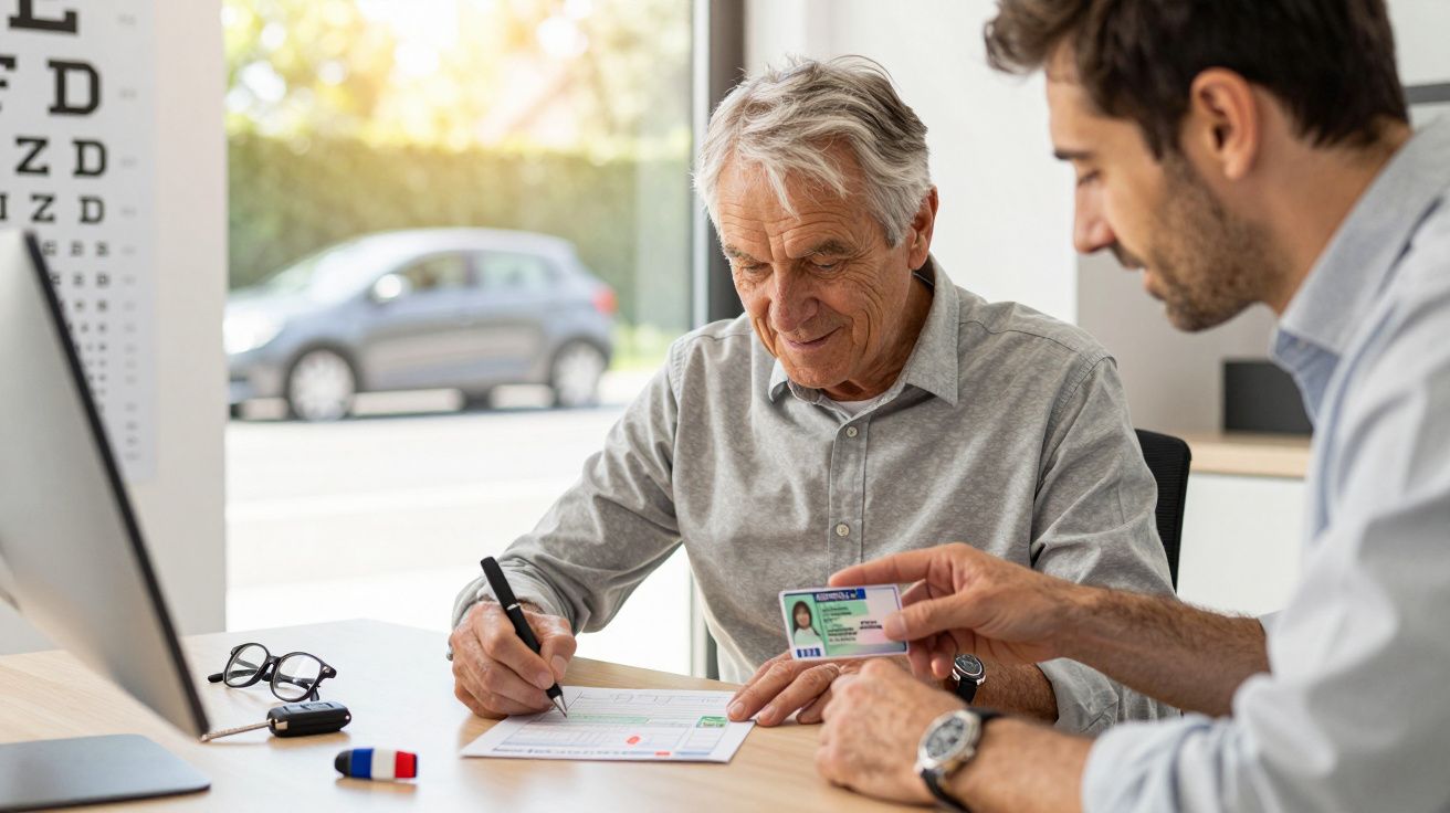 Homem idoso preenche formulário enquanto outro segura um cartão de identificação, sentados numa mesa de escritório.