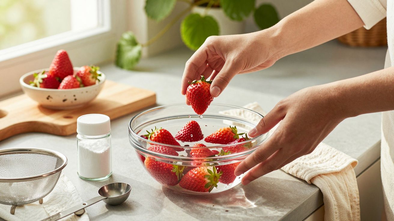 Pessoa lavando morangos numa taça de vidro, com utensílios de cozinha ao lado, numa bancada iluminada pelo sol.