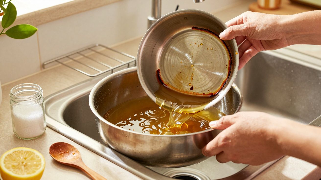 Mãos despejando óleo de cozinha de uma panela para uma tigela de metal na pia, com um limão e sal ao lado.