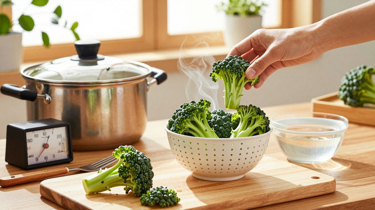 Mão colocando brócolos cozidos a vapor numa taça branca, com panela e cronómetro ao fundo numa cozinha.