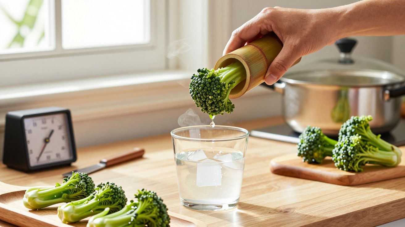 Mão colocando brócolos em copo com água e gelo numa cozinha, com fogão e relógio ao fundo.