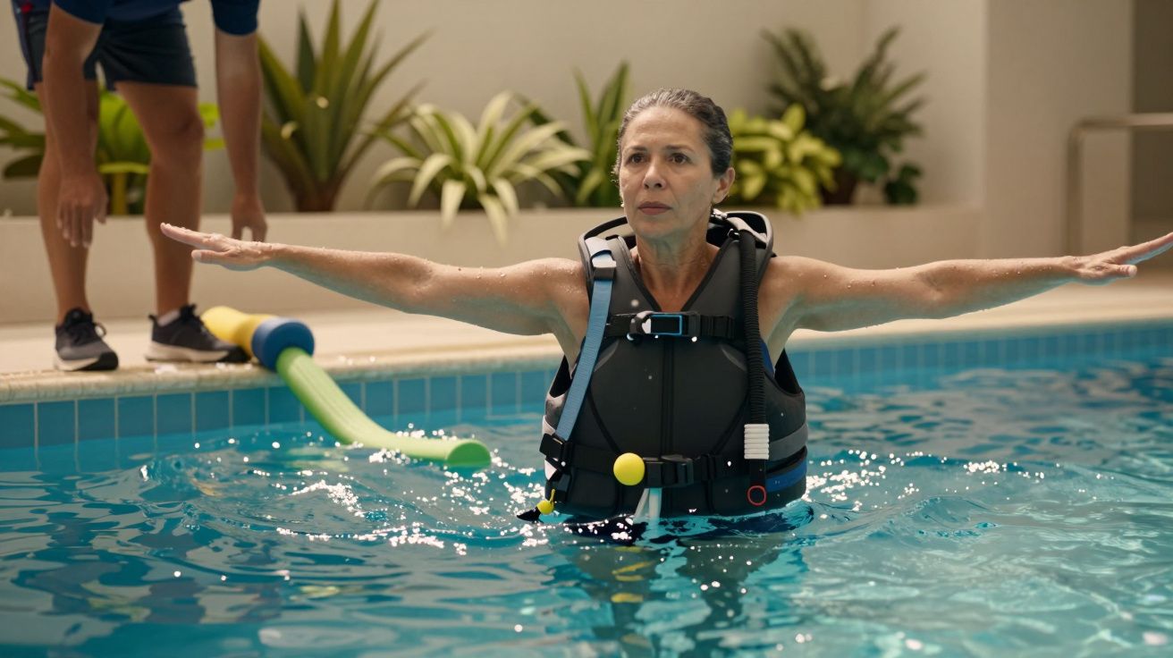 Mulher numa piscina de colete flutuante, braços abertos. Instrutor observa ao fundo. Plantas decoram o ambiente.