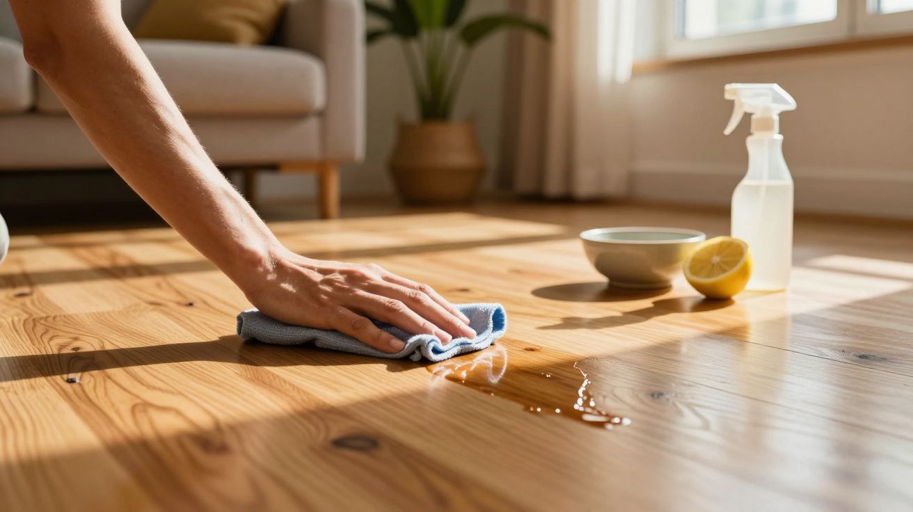 Mão limpa chão de madeira com pano azul, ao lado de uma tigela, meio limão e borrifador.
