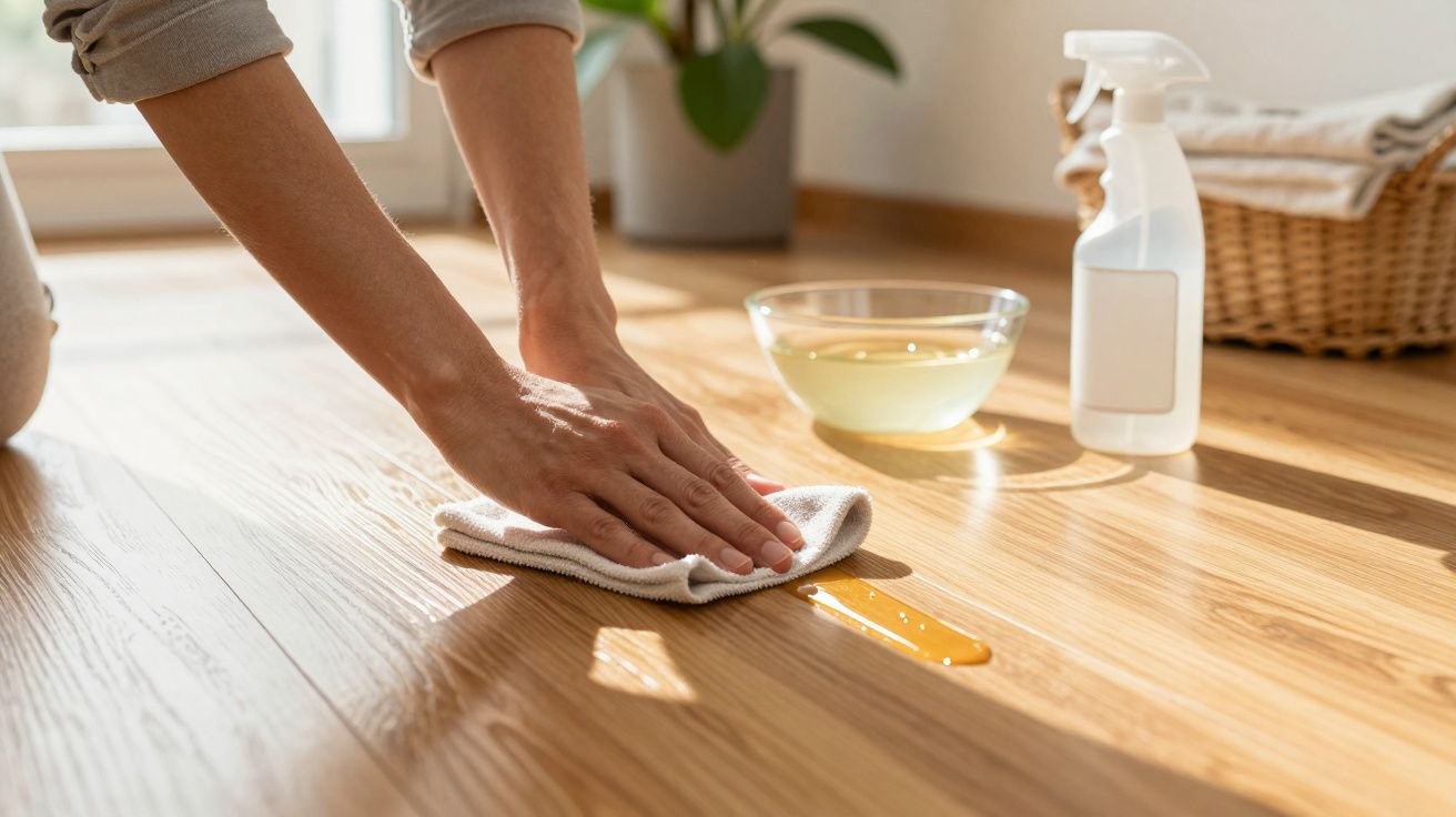 Pessoa a limpar um derrame no chão de madeira com um pano, ao lado de uma tigela e um borrifador.