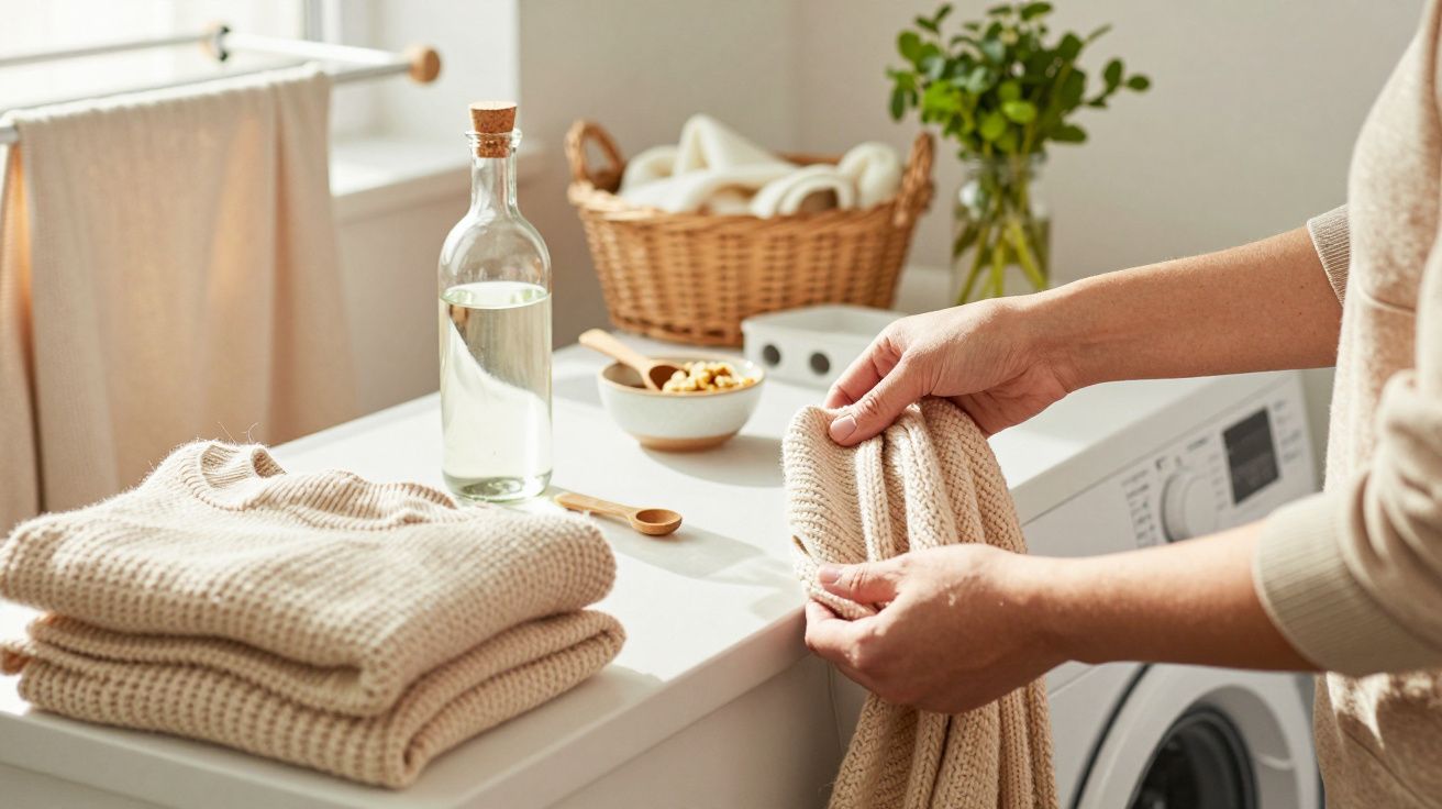 Mãos segurando toalha de malha bege ao lado de máquina de lavar roupa, com cesta e plantas ao fundo.