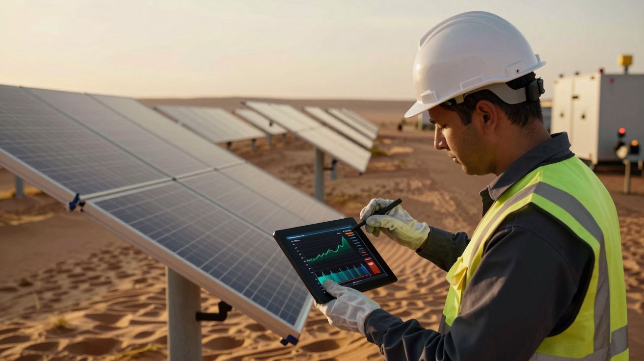Técnico com capacete e colete verifica dados num tablet em campo de painéis solares no deserto ao pôr do sol.