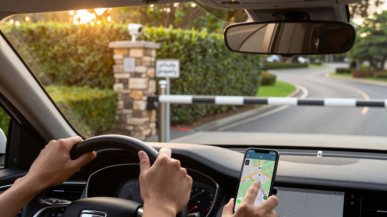 Pessoa ao volante de um carro usando GPS no telemóvel, parada diante de uma cancela de propriedade privada.