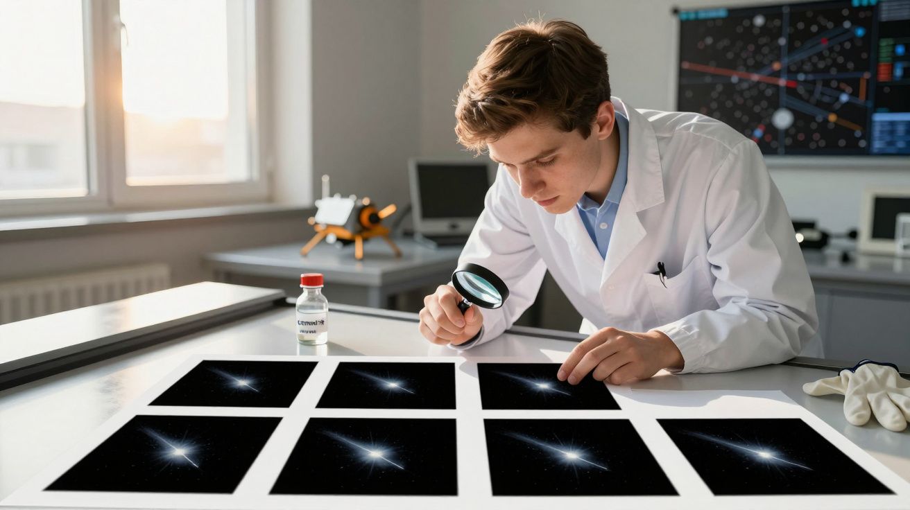 Cientista examina fotos de galáxias com lupa numa sala de pesquisa.