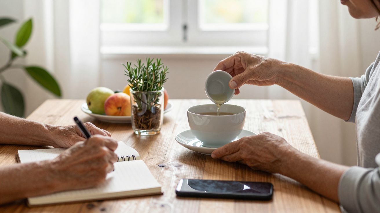 Duas pessoas numa mesa: uma tira notas, outra prepara chá. Frutas e planta decoram o espaço iluminado por janela.