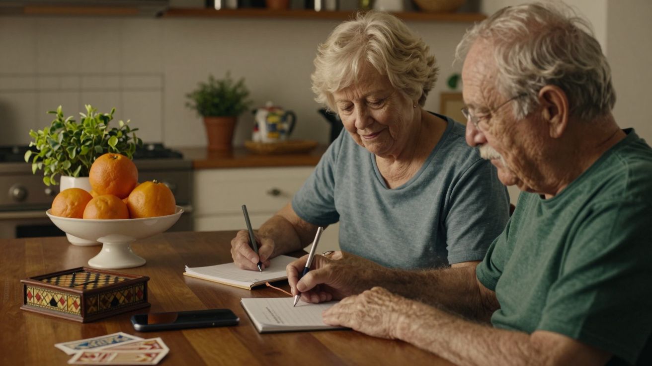 Casal idoso sentado à mesa de madeira, escrevendo em cadernos, com tigela de laranjas ao lado.