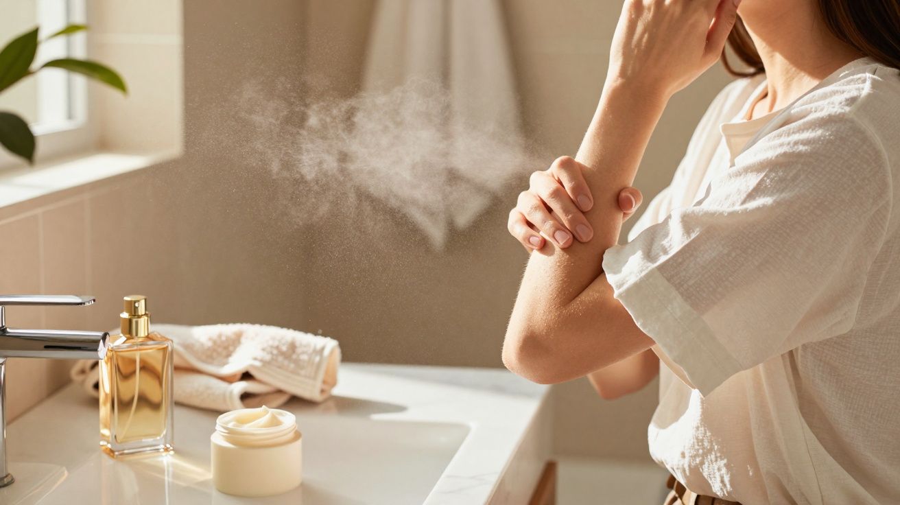 Mulher aplica spray no braço, ao lado de frascos de creme e perfume, junto a uma toalha na casa de banho iluminada.