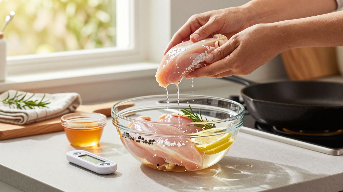Mãos a marinar peito de frango com sal, limão e alecrim numa tigela de vidro na cozinha.