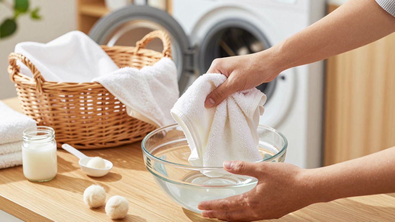 Pessoa lavando toalha branca numa bacia de água ao lado de cesto de roupa e máquina de lavar.