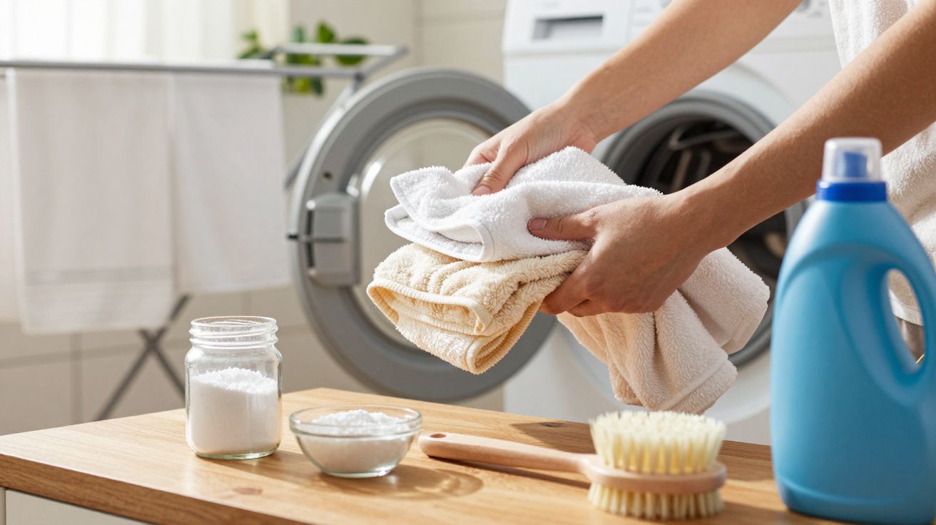 Pessoa segura toalhas perto de máquina de lavar, com detergente, escova e frascos em cima de uma mesa.