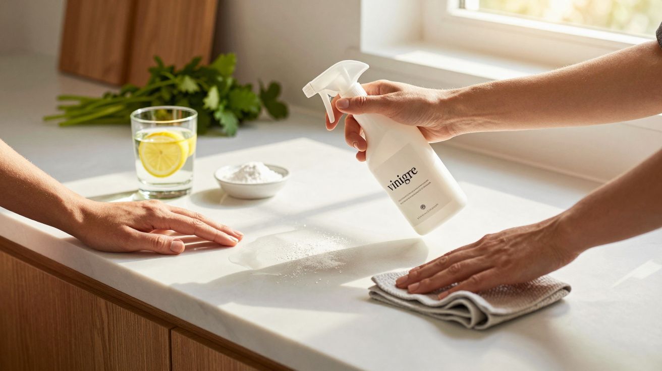 Duas pessoas limpam a bancada da cozinha com spray e pano, ao lado de copo de água e ramo de ervas.