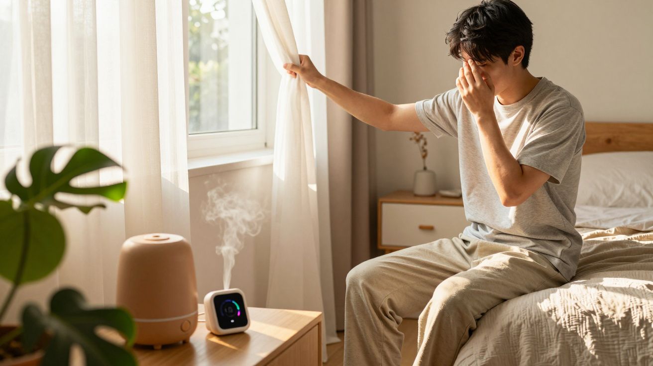 Homem sentado na cama, puxando a cortina. Humidificador e planta ao lado, luz da manhã entra pela janela.
