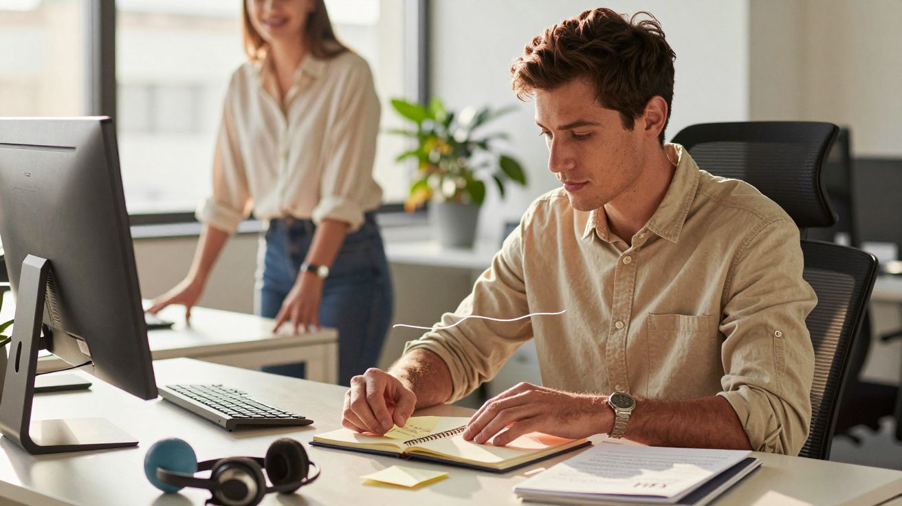Homem sentado a escrever numa secretária com computador e cadernos, enquanto uma mulher está em pé ao fundo.