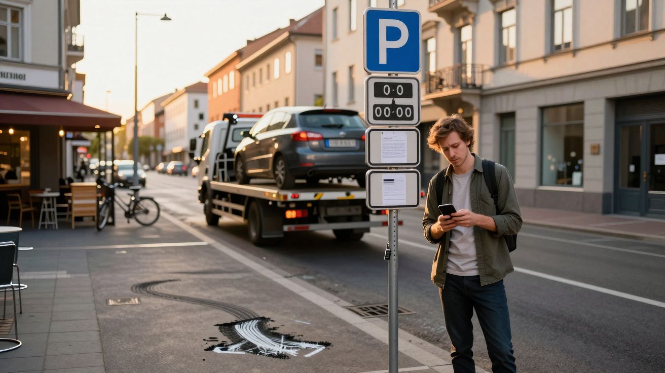 Homem ao lado de placa de estacionamento verifica o telemóvel enquanto um carro é rebocado numa rua da cidade.