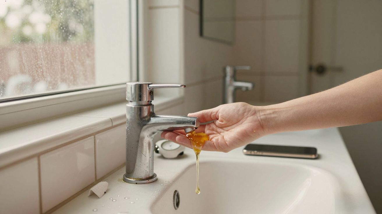 Mão segurando uma gema de ovo sobre um lavatório, com smartphone ao fundo no parapeito da janela.