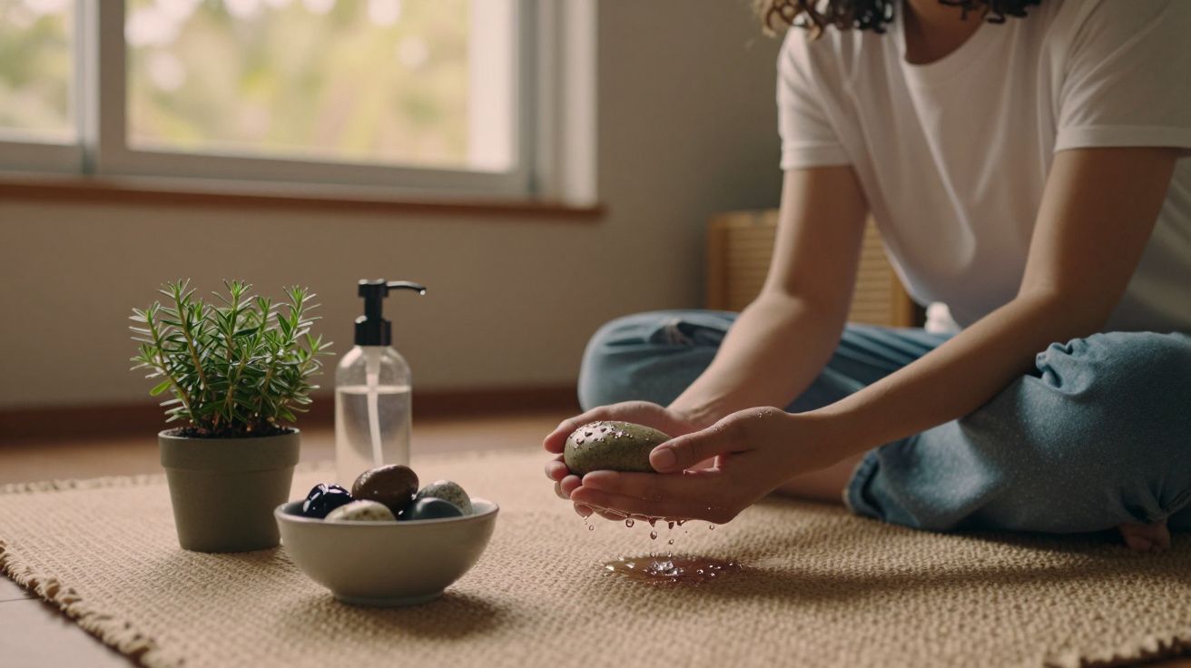 Pessoa sentada no chão segurando uma pedra molhada, com planta e recipiente ao lado.