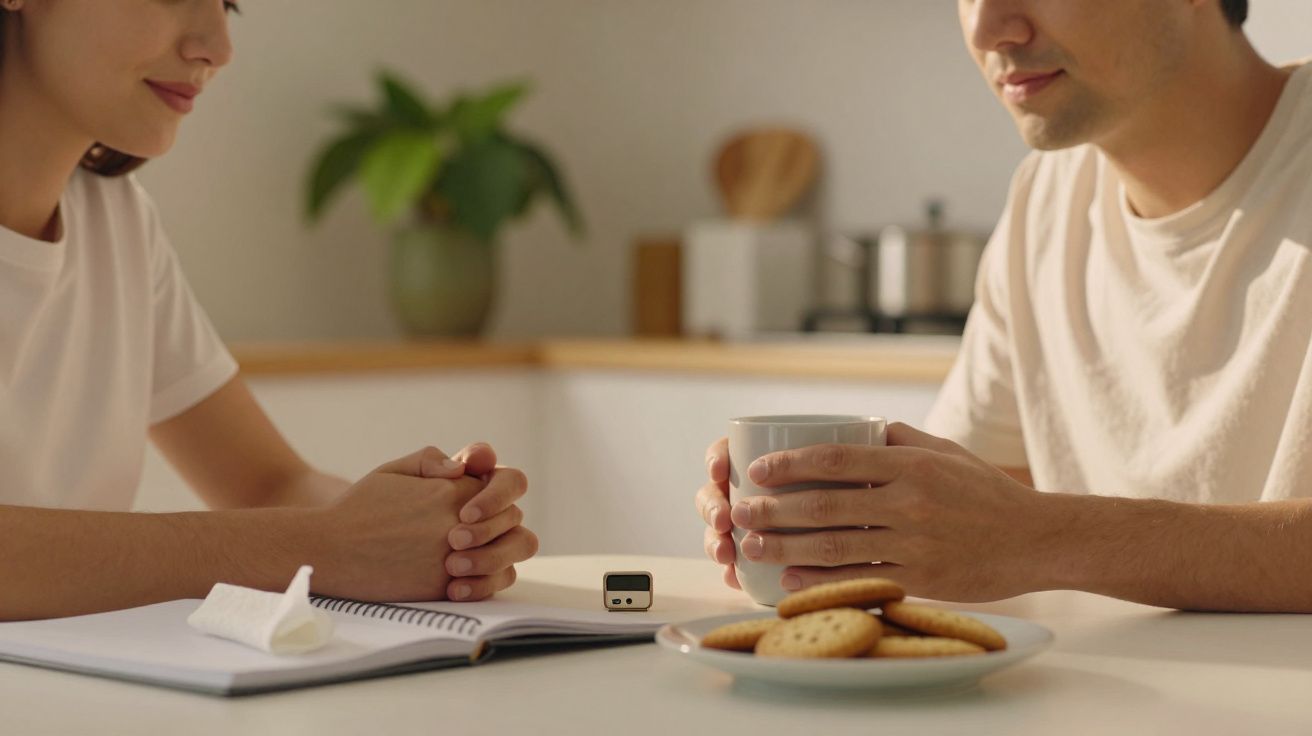 Duas pessoas conversam à mesa com chá e bolachas, cadernos abertos e um pequeno dispositivo entre eles.