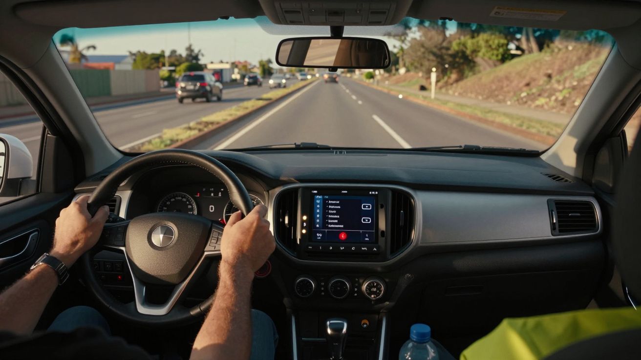 Condutor a guiar carro numa estrada, com mãos no volante e sistema de navegação ativo no ecrã do painel.