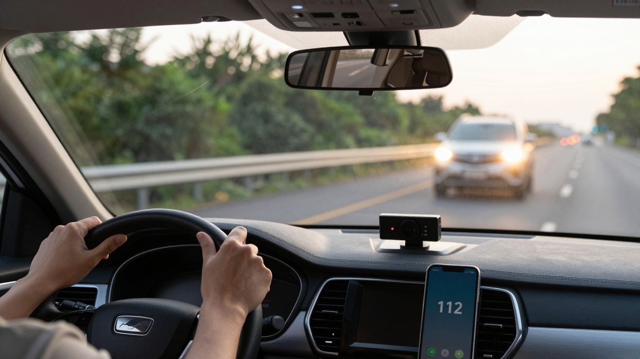 Vista de dentro de um carro em movimento, mostrando volante, mãos do condutor e estrada à frente com outro carro ao longe.
