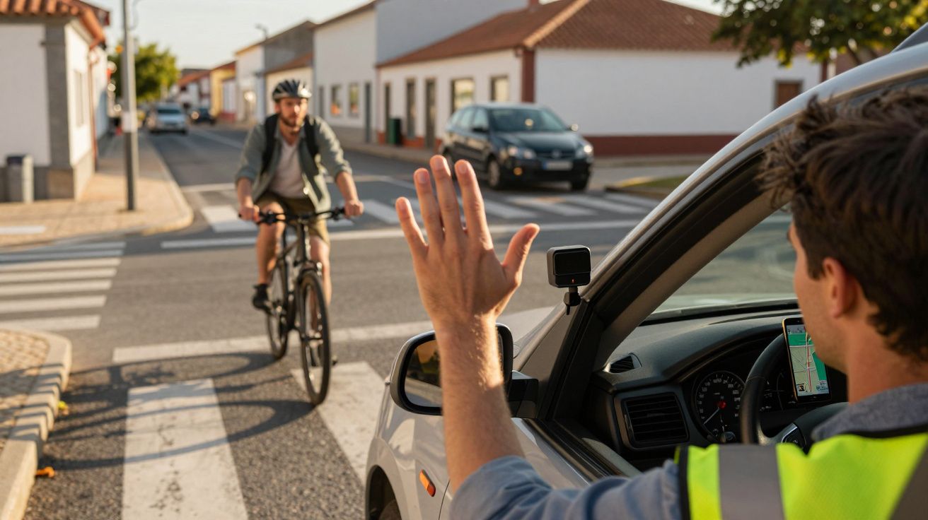 Condutor acena para ciclista enquanto lhe cede passagem numa passadeira numa rua de vilarejo.