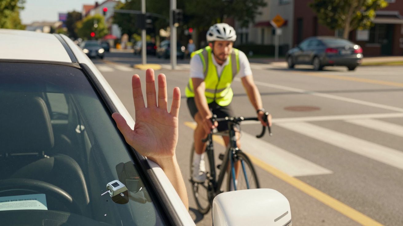 Condutor num carro levantando a mão para um ciclista vestido de colete refletor numa passadeira.