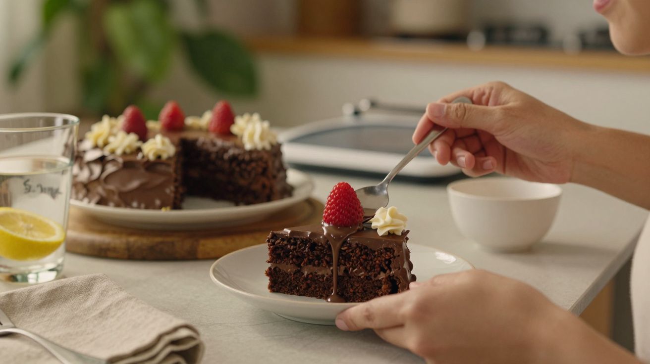 Pessoa serve fatia de bolo de chocolate com framboesa e chantilly. Copo de água e fatia restante ao fundo.