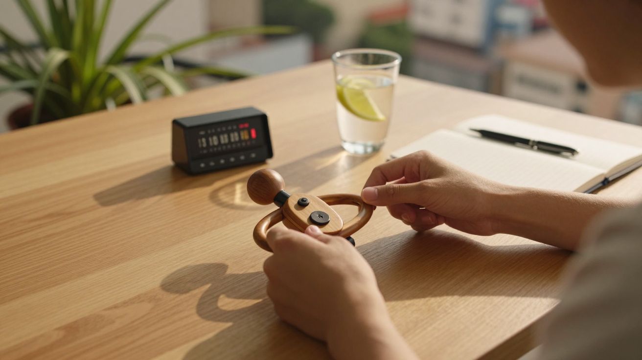 Pessoa segurando brinquedo de madeira numa mesa com relógio, copo de água com limão e caderno ao fundo.