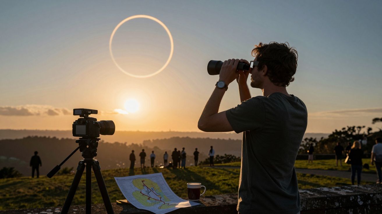 Homem observa eclipse solar com binóculos ao pôr do sol, com pessoas ao fundo e câmara num tripé.