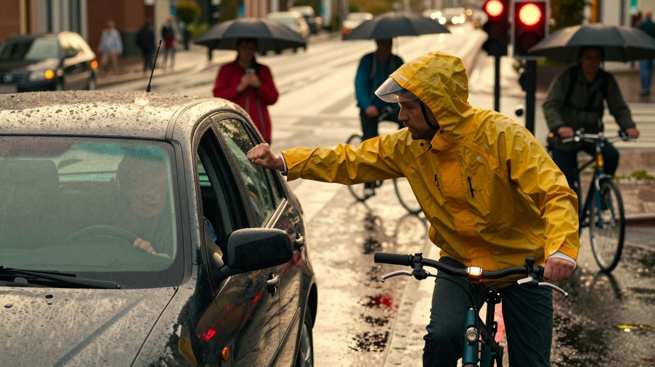 Ciclista com casaco amarelo toca em carro parado na chuva, ao lado de outros ciclistas e pedestres com guarda-chuvas.