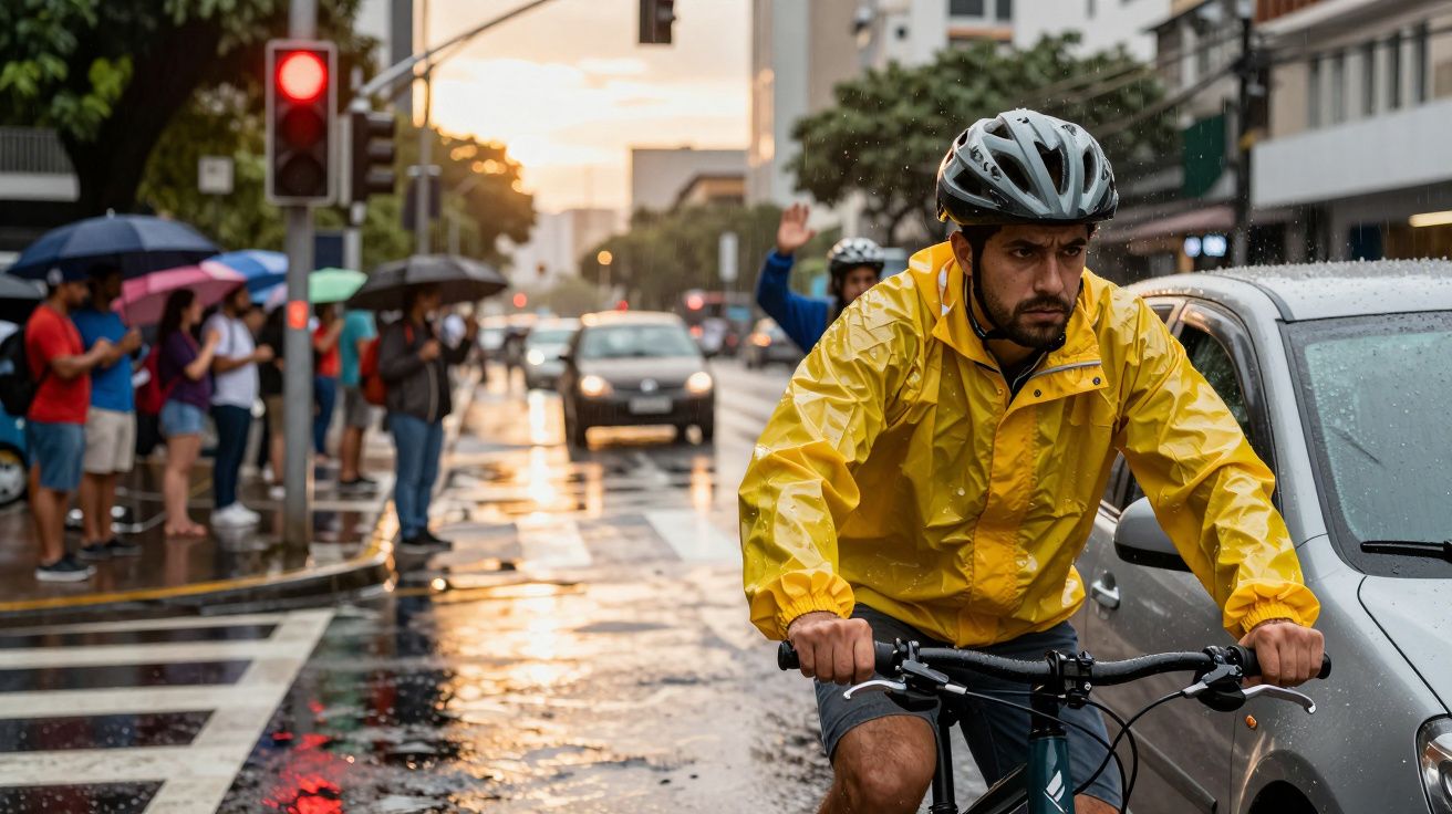 Ciclista com casaco amarelo anda na chuva numa rua movimentada enquanto pessoas esperam no passeio com guarda-chuvas.