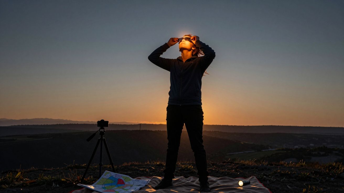 Pessoa observa o céu com óculos especiais ao nascer do sol, em campo aberto com câmara e mapa sobre manta.