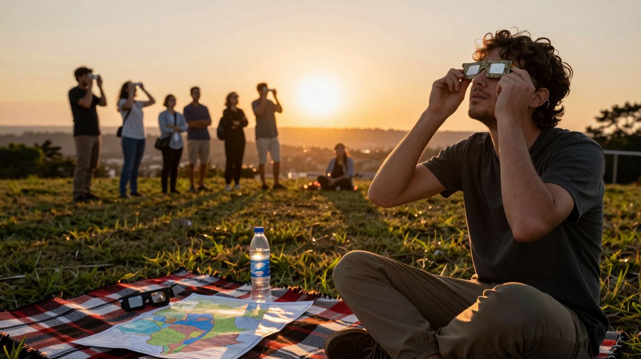 Grupo observa o pôr do sol com binóculos e mapa, sentado em manta de piquenique num campo.