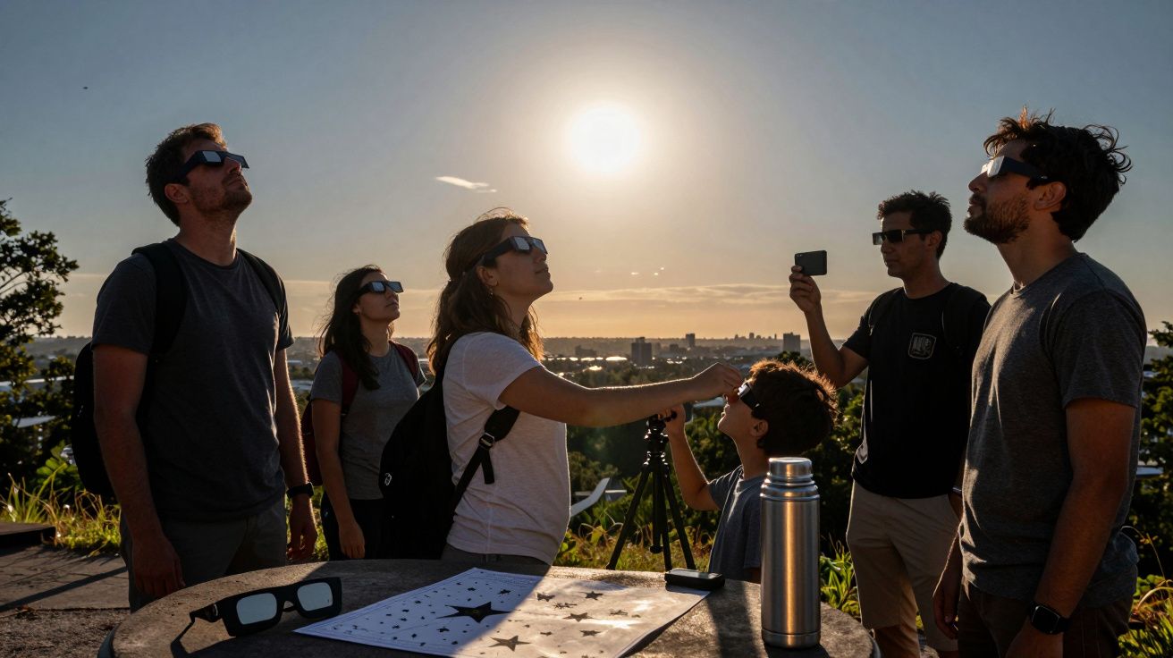 Grupo de pessoas observa o céu com óculos de proteção ao pôr do sol, usando cartas celestes sobre uma mesa.