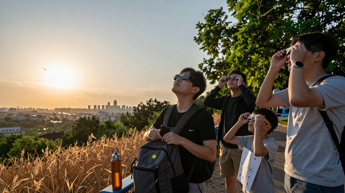 Cinco pessoas observam o céu usando óculos de proteção ao pôr do sol, em um parque com vista para a cidade.