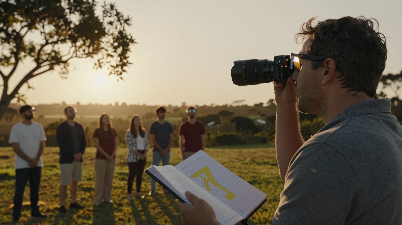 Homem fotografa grupo de pessoas ao ar livre durante pôr do sol, segurando um caderno aberto.