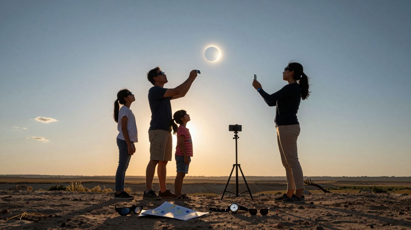 Família observa um eclipse solar no deserto, com óculos e câmaras, durante o pôr do sol.
