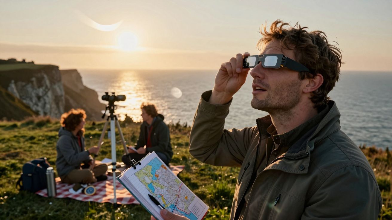 Homem observa eclipse solar com óculos especiais, perto de falésias, enquanto duas pessoas estão sentadas em piquenique.