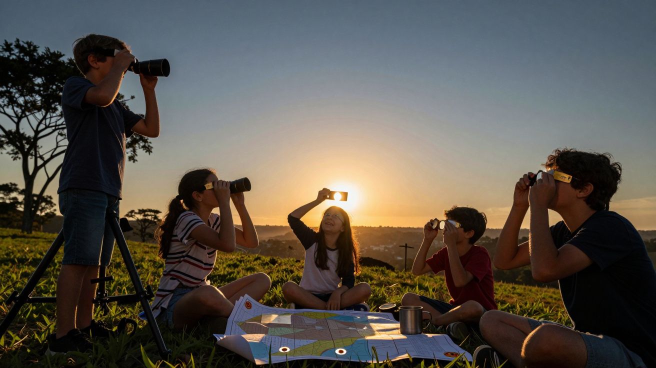 Crianças observando o pôr do sol com binóculos, sentadas num campo com um mapa ao centro.