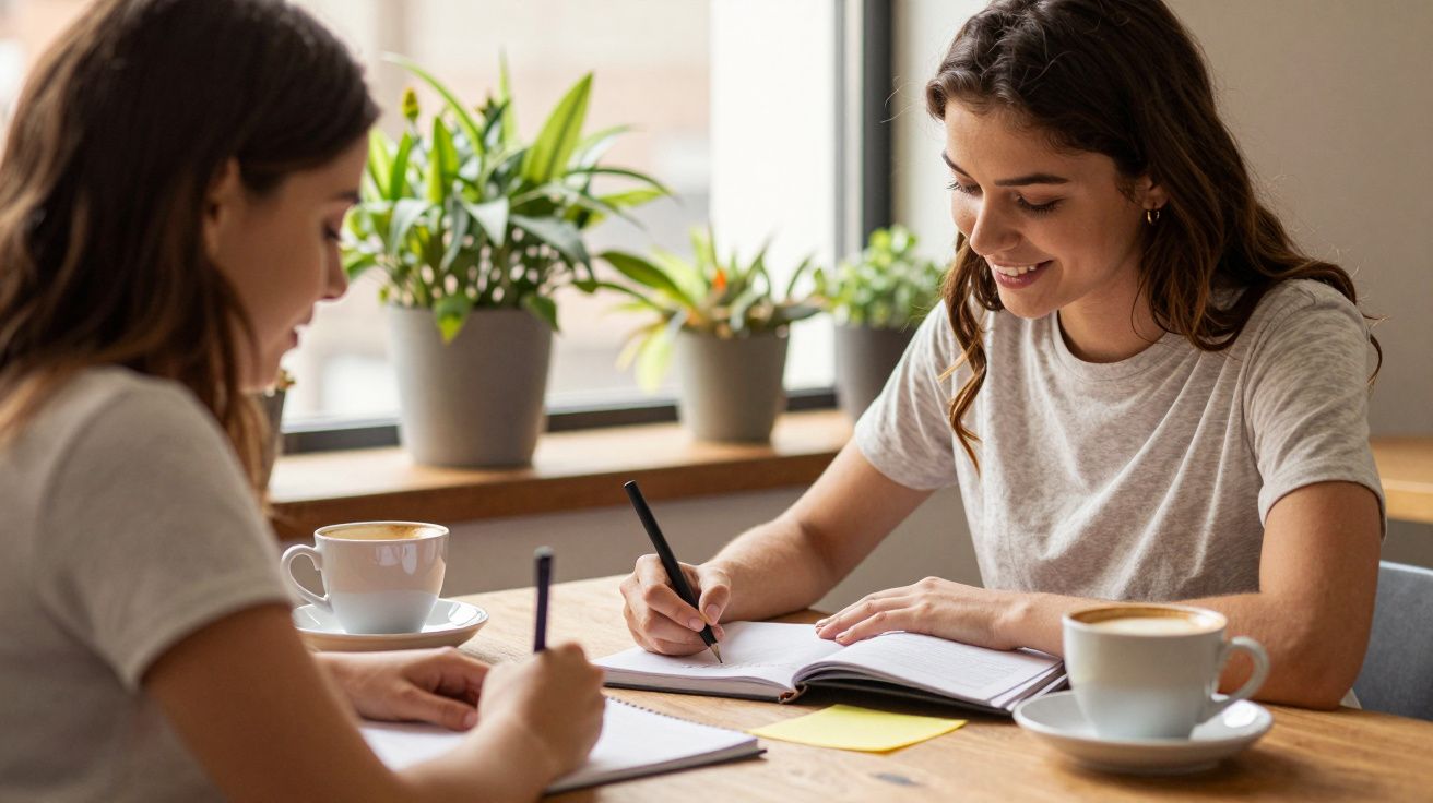 Duas jovens escrevem em cadernos numa mesa de madeira, com canecas e plantas no parapeito de uma janela ao fundo.
