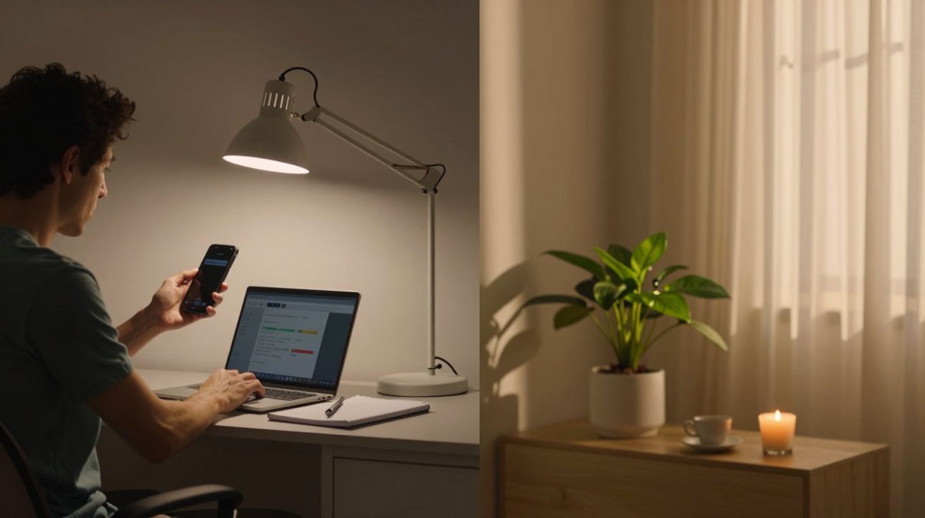 Homem sentado à secretária usando telemóvel e computador portátil, com candeeiro aceso, planta e vela na sala.