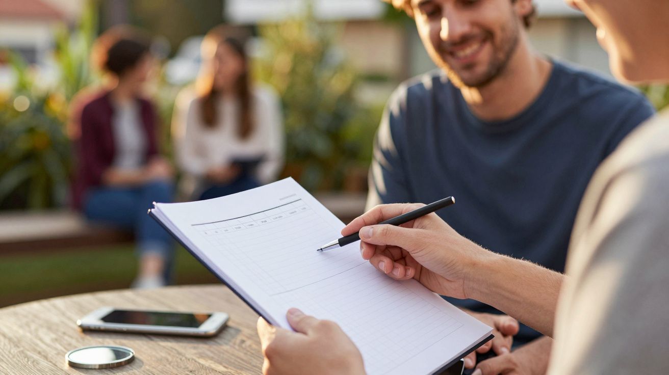 Pessoa a apontar para um caderno ao ar livre, com duas pessoas desfocadas ao fundo e um telemóvel na mesa.