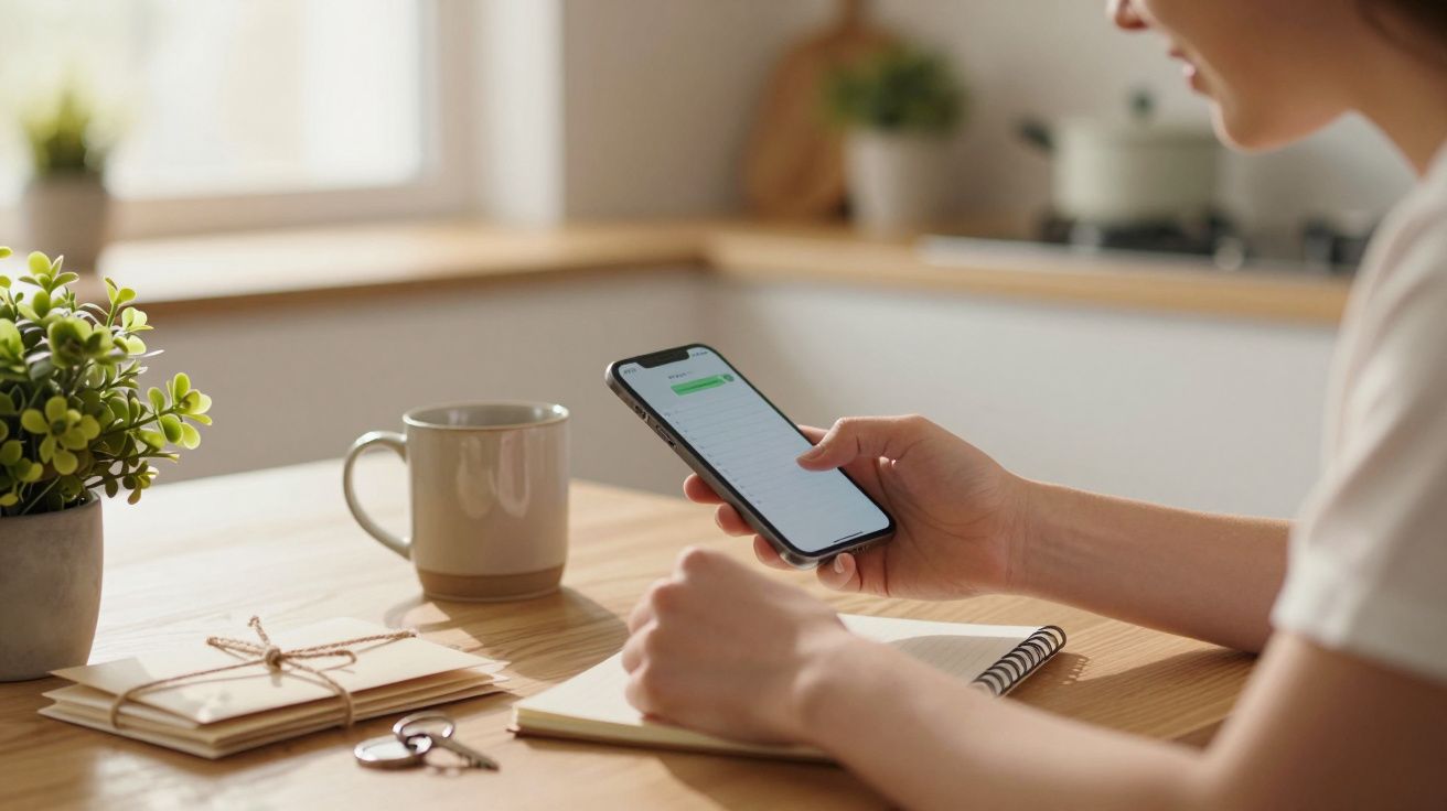 Mulher segurando smartphone, ao lado de um bloco de notas e caneca, em mesa de madeira com planta decorativa.
