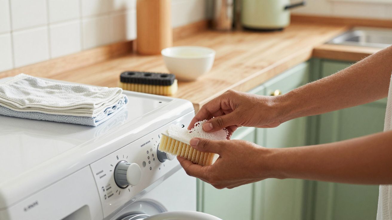Pessoa usando uma escova de limpeza numa máquina de lavar numa cozinha com bancada de madeira e panos dobrados ao lado.