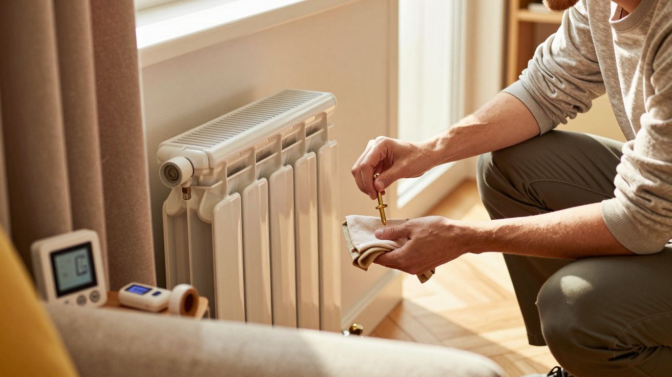 Pessoa ajusta termóstato de aquecedor perto de janela, usando chave pequena e pano. Termómetro digital visível.